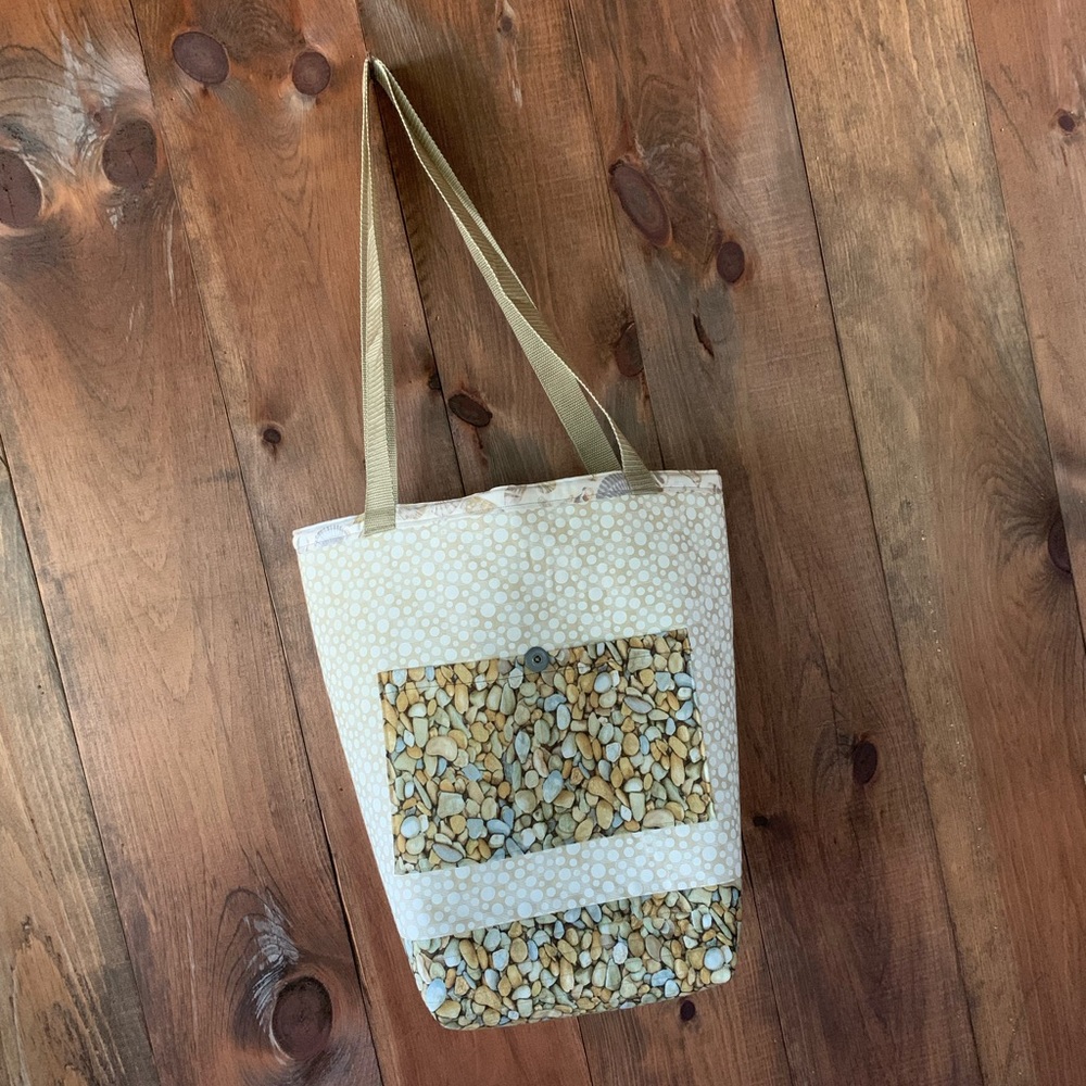 Handcrafted seashell and stone tote bag with keychain